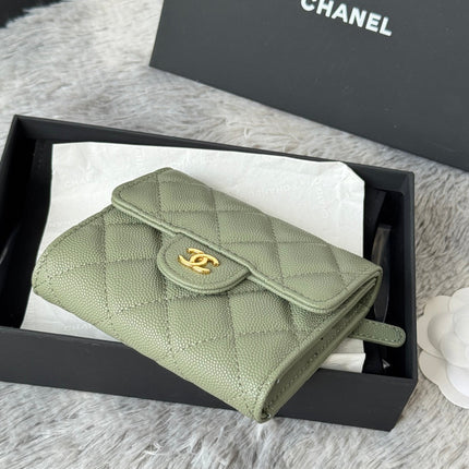 CHANEL 25S CF SMALL TRI FOLD WALLET 11 IN MOSS GREEN CAVIAR GOLD HARDWARE