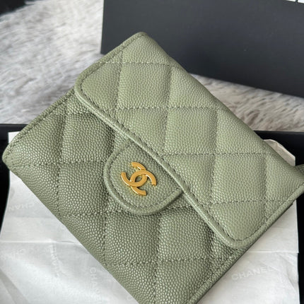 CHANEL 25S CF SMALL TRI FOLD WALLET 11 IN MOSS GREEN CAVIAR GOLD HARDWARE