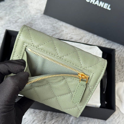 CHANEL 25S CF SMALL TRI FOLD WALLET 11 IN MOSS GREEN CAVIAR GOLD HARDWARE