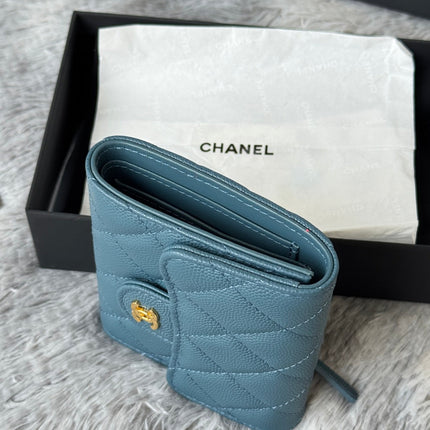 CHANEL 25S CF SMALL TRI FOLD WALLET 11 IN SLATE BLUE CAVIAR GOLD HARDWARE