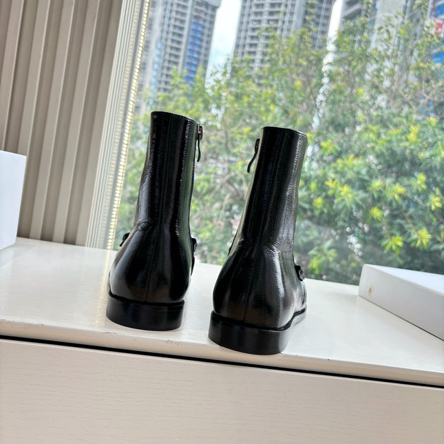 YSL 25S ANKLE FLAT BOOTS IN BLACK EMBOSSED LAMBSKIN WITH SIDE ZIPPER