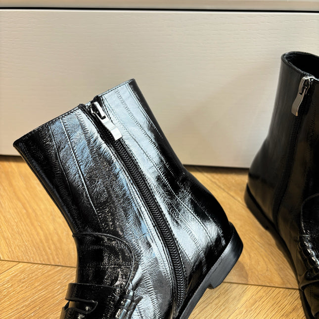 YSL 25S ANKLE FLAT BOOTS IN BLACK EMBOSSED LAMBSKIN WITH SIDE ZIPPER