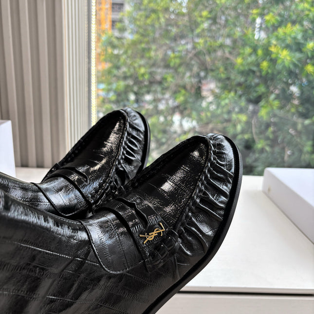 YSL 25S ANKLE FLAT BOOTS IN BLACK EMBOSSED LAMBSKIN WITH SIDE ZIPPER