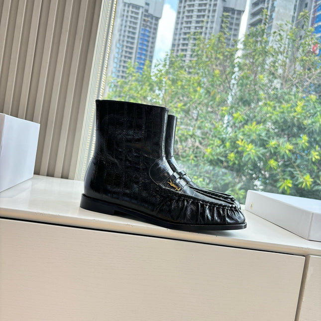 YSL 25S ANKLE FLAT BOOTS IN BLACK EMBOSSED LAMBSKIN WITH SIDE ZIPPER