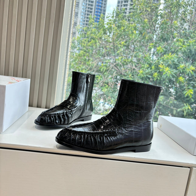 YSL 25S ANKLE FLAT BOOTS IN BLACK EMBOSSED LAMBSKIN WITH SIDE ZIPPER