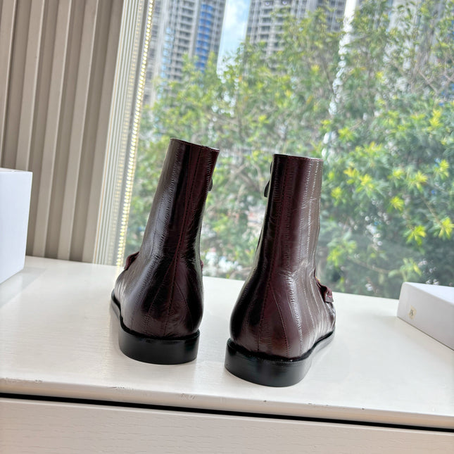 YSL 25S ANKLE FLAT BOOTS IN DEEP REDWOOD EMBOSSED LAMBSKIN WITH SIDE ZIPPER