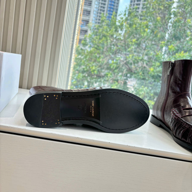 YSL 25S ANKLE FLAT BOOTS IN DEEP REDWOOD EMBOSSED LAMBSKIN WITH SIDE ZIPPER