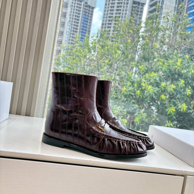 YSL 25S ANKLE FLAT BOOTS IN DEEP REDWOOD EMBOSSED LAMBSKIN WITH SIDE ZIPPER