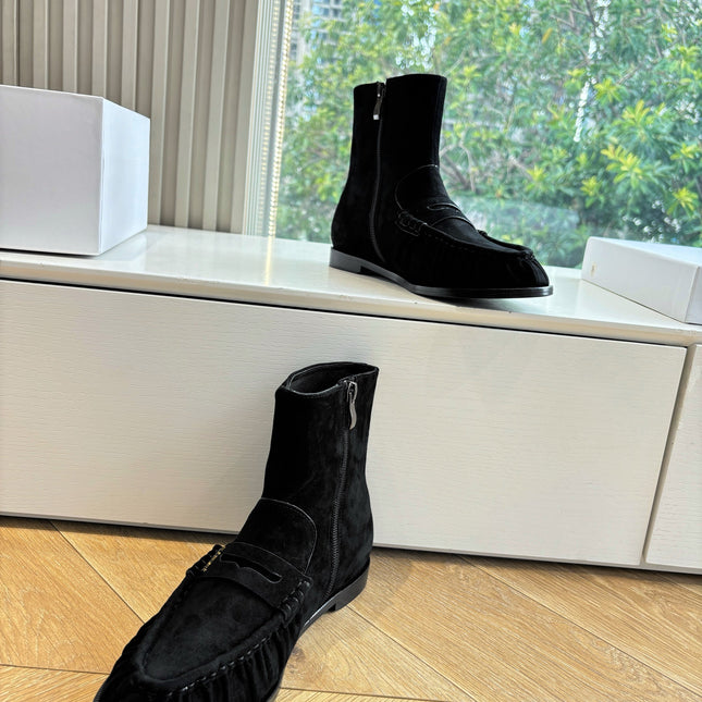 YSL 25S ANKLE FLAT BOOTS IN BLACK SUEDE WITH SIDE ZIPPER