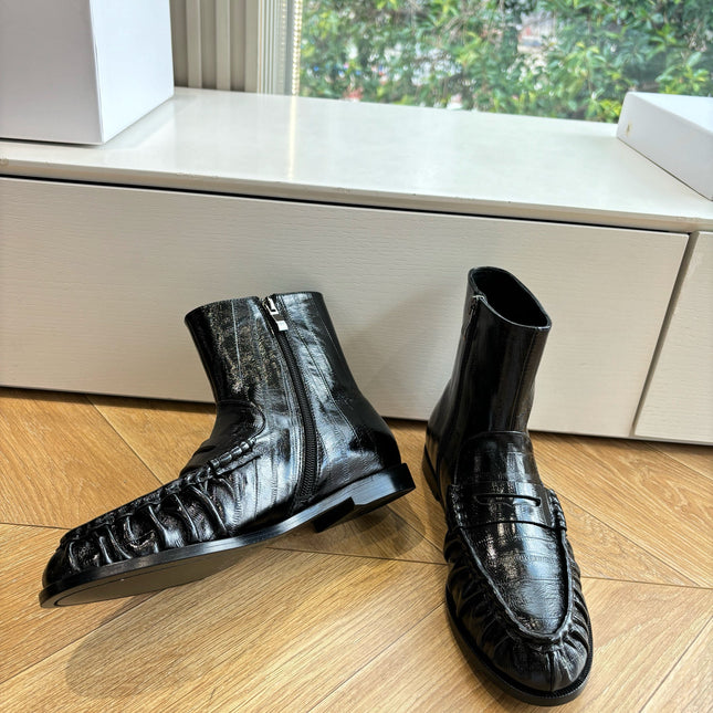 YSL 25S ANKLE FLAT BOOTS IN BLACK EMBOSSED LAMBSKIN WITH SIDE ZIPPER