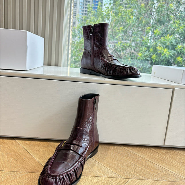 YSL 25S ANKLE FLAT BOOTS IN DEEP REDWOOD EMBOSSED LAMBSKIN WITH SIDE ZIPPER