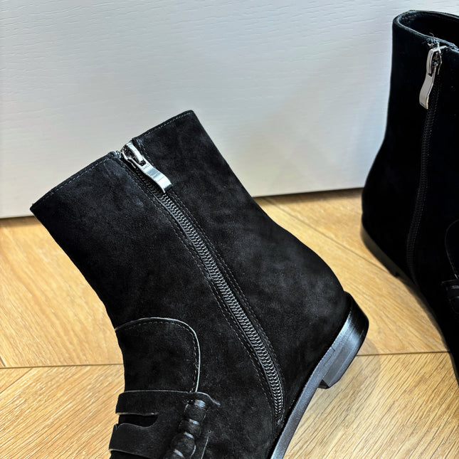YSL 25S ANKLE FLAT BOOTS IN BLACK SUEDE WITH SIDE ZIPPER