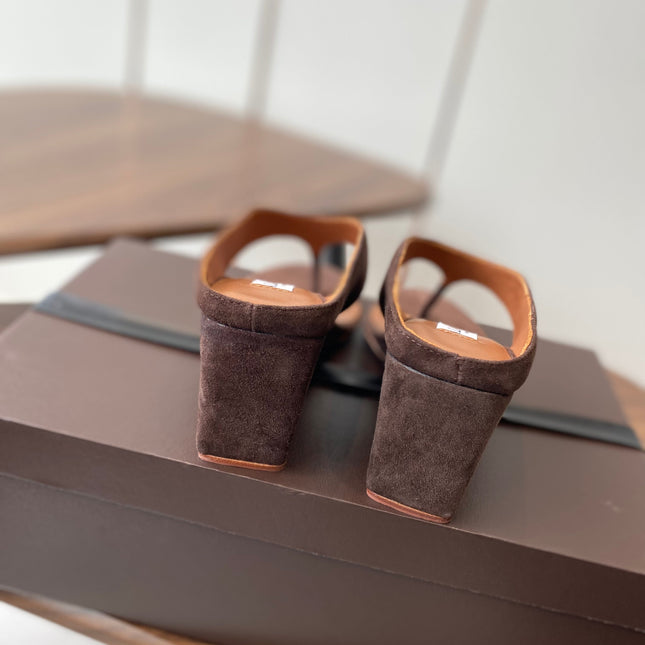 ALAIA WEDGE THONG SANDALS 25S IN BROWN SUEDE