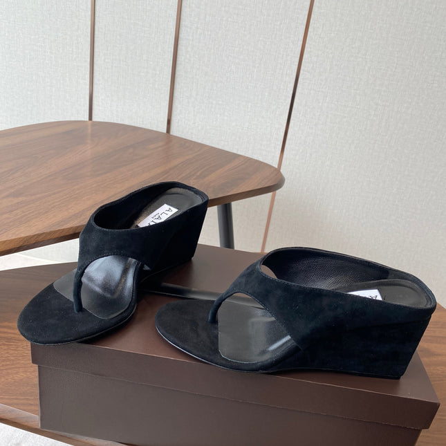 ALAIA WEDGE THONG SANDALS 25S IN BLACK SUEDE