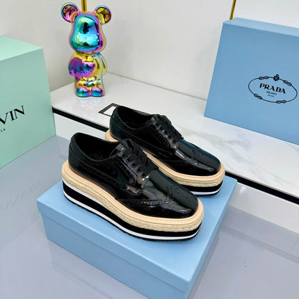 PRADA 25S FLAT WEDGE SHOES 60MM IN BLACK GLOSSY CALFSKIN