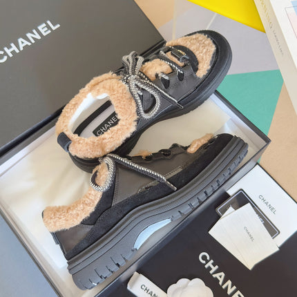 CHANEL 25S SNEAKERS WITH FUR ACCENTS 40MM IN BLACK AND BROWN CALFSKIN