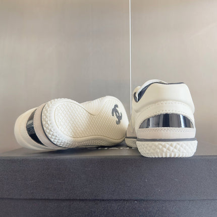 CHANEL 25S SNEAKERS WITH PATENT TOE 20MM IN WHITE CALFSKIN