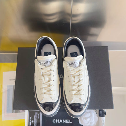 CHANEL 25S SNEAKERS WITH PATENT TOE 20MM IN WHITE CALFSKIN
