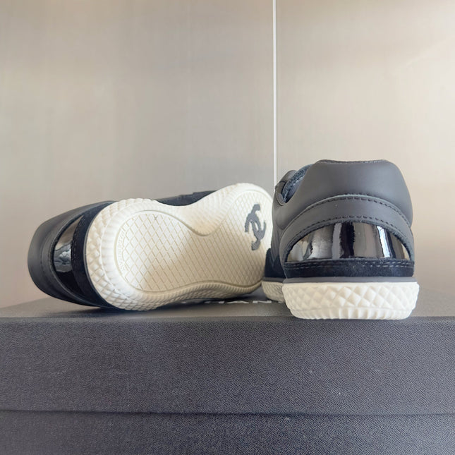 CHANEL 25S SNEAKERS WITH PATENT TOE 20MM IN BLACK CALFSKIN