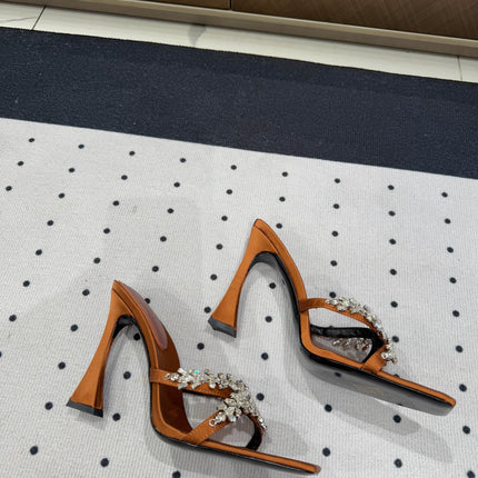 HIGH RHINESTONE CROSS STRAP MULES IN BRONZE BROWN SILK