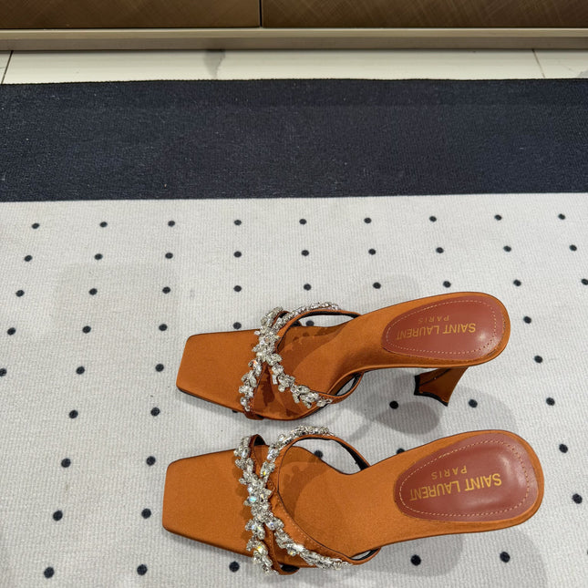 HIGH RHINESTONE CROSS STRAP MULES IN BRONZE BROWN SILK
