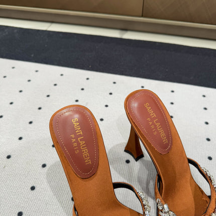 HIGH RHINESTONE CROSS STRAP MULES IN BRONZE BROWN SILK