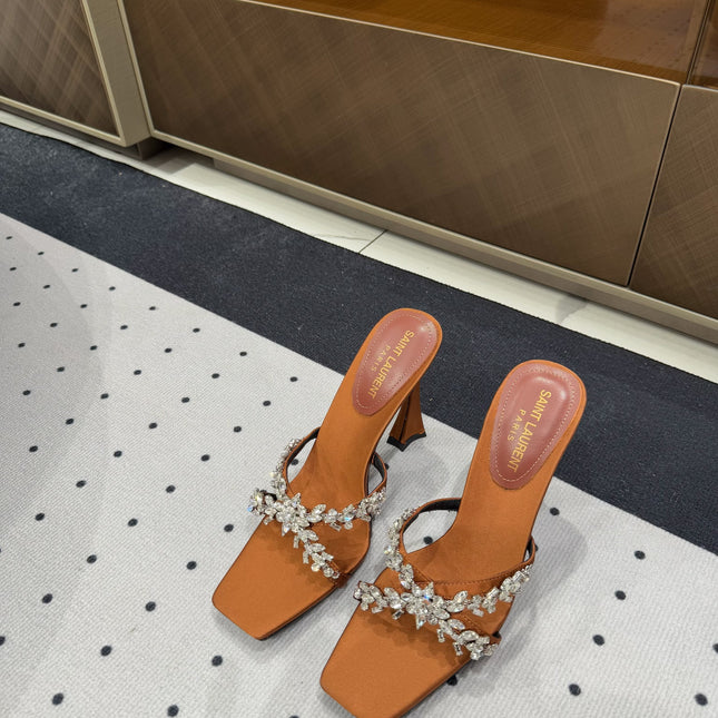 HIGH RHINESTONE CROSS STRAP MULES IN BRONZE BROWN SILK