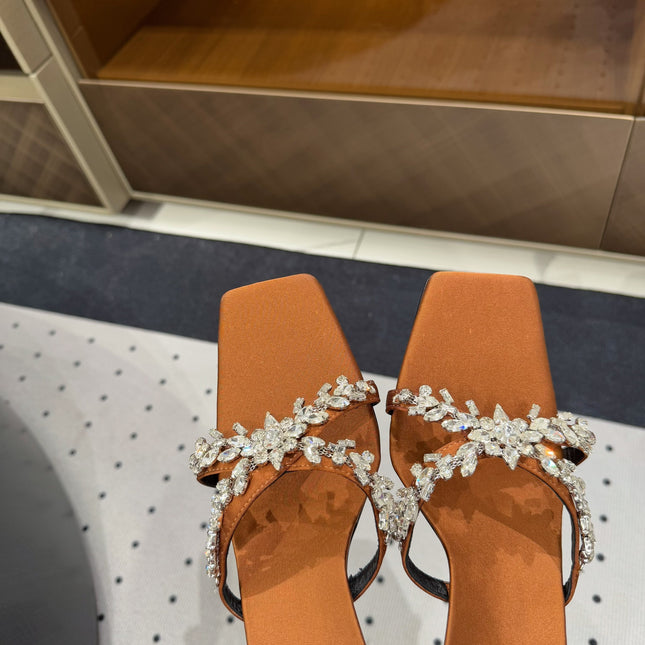 HIGH RHINESTONE CROSS STRAP MULES IN BRONZE BROWN SILK