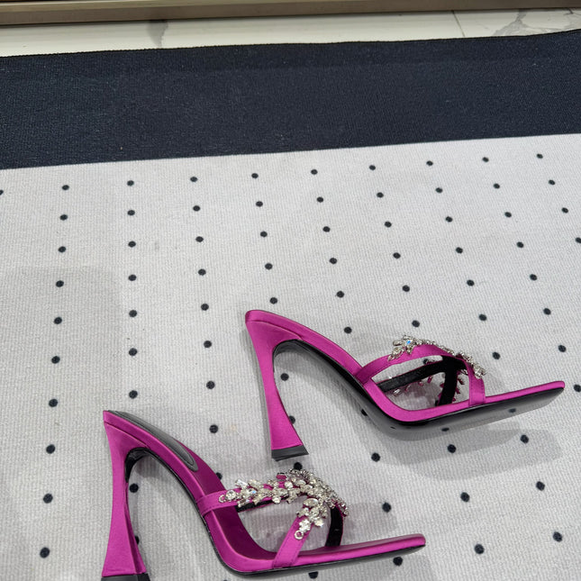 HIGH RHINESTONE CROSS STRAP MULES IN MAGENTA PINK SILK