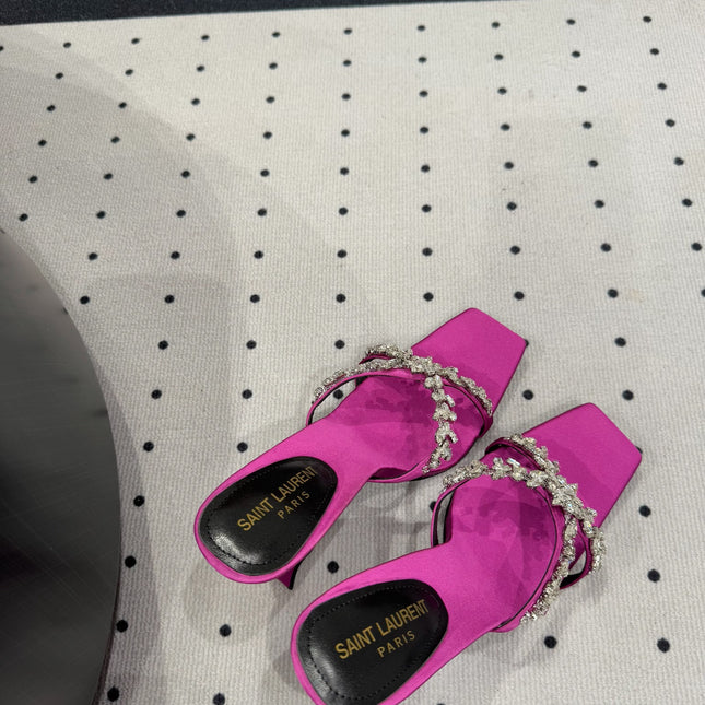 HIGH RHINESTONE CROSS STRAP MULES IN MAGENTA PINK SILK