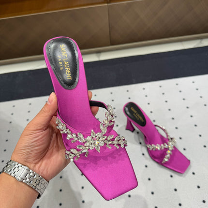 HIGH RHINESTONE CROSS STRAP MULES IN MAGENTA PINK SILK