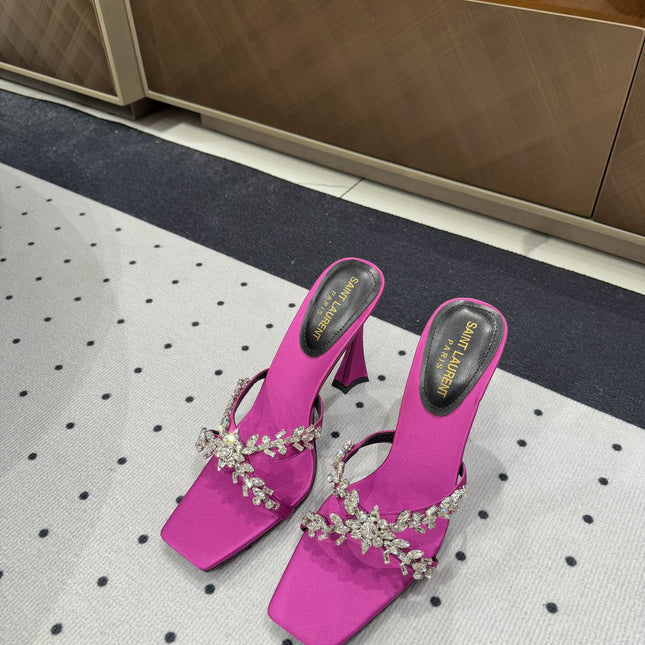 HIGH RHINESTONE CROSS STRAP MULES IN MAGENTA PINK SILK
