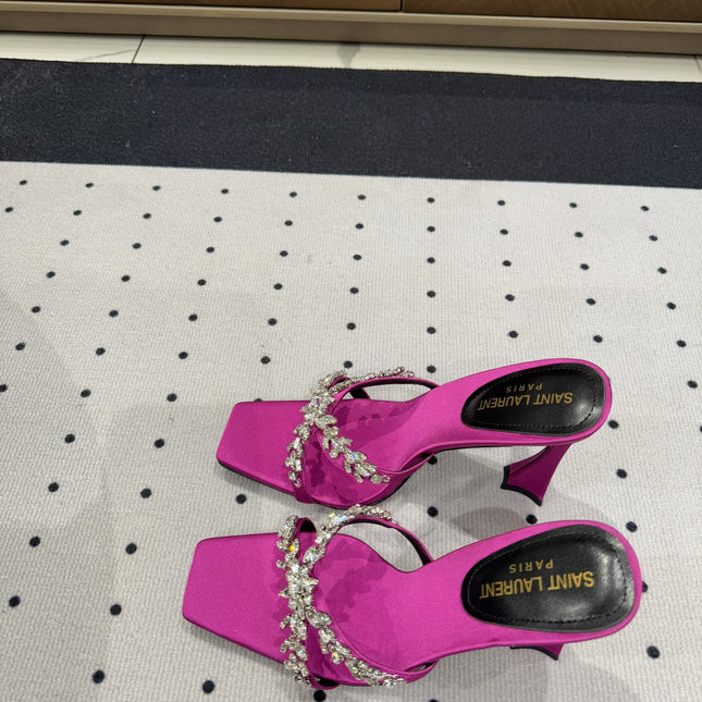HIGH RHINESTONE CROSS STRAP MULES IN MAGENTA PINK SILK