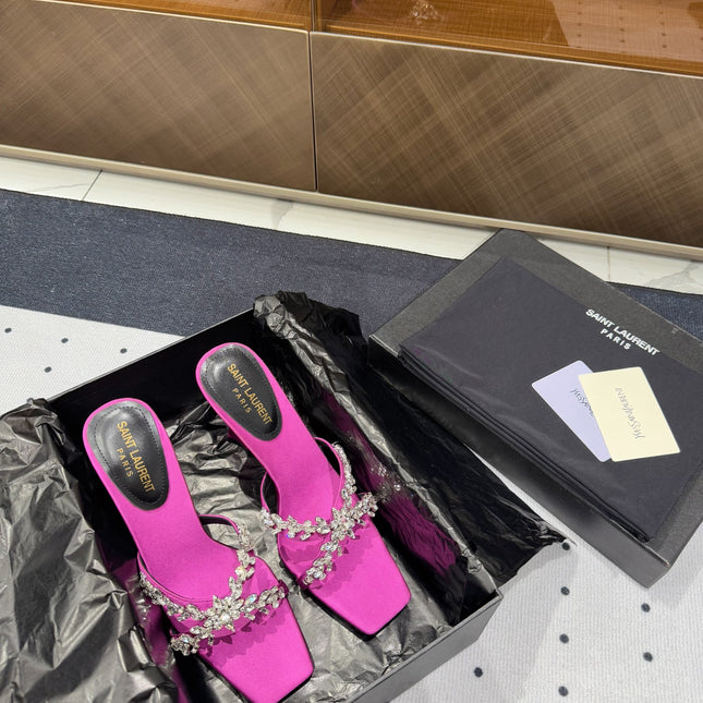 HIGH RHINESTONE CROSS STRAP MULES IN MAGENTA PINK SILK