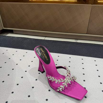 HIGH RHINESTONE CROSS STRAP MULES IN MAGENTA PINK SILK