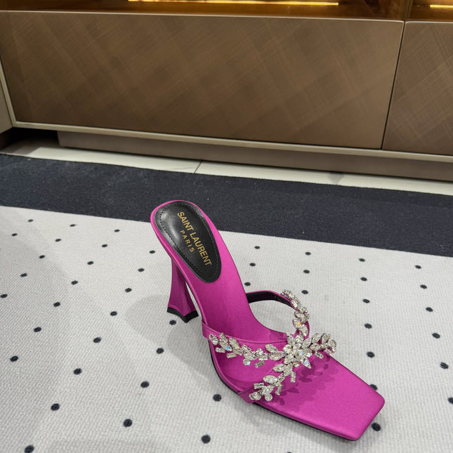 HIGH RHINESTONE CROSS STRAP MULES IN MAGENTA PINK SILK