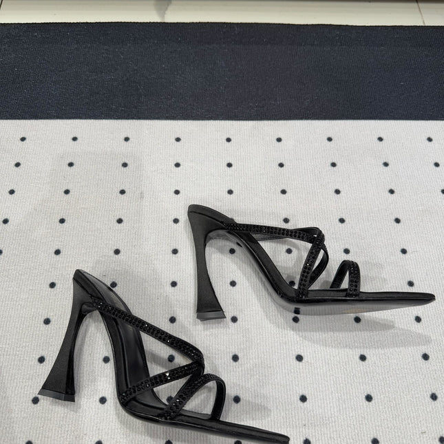 HIGH CRYSTAL STRAP SANDALS IN BLACK SILK