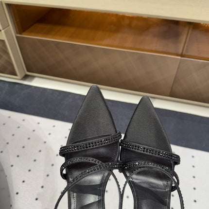 HIGH CRYSTAL STRAP SANDALS IN BLACK SILK