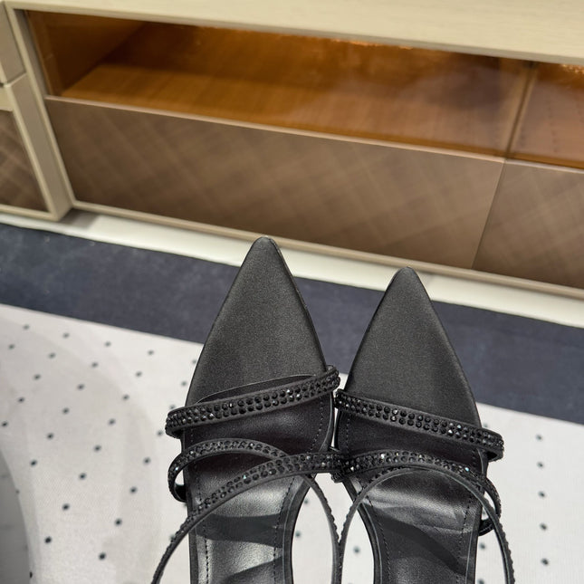 HIGH CRYSTAL STRAP SANDALS IN BLACK SILK