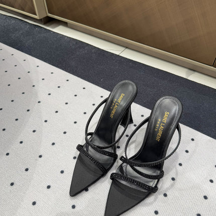HIGH CRYSTAL STRAP SANDALS IN BLACK SILK