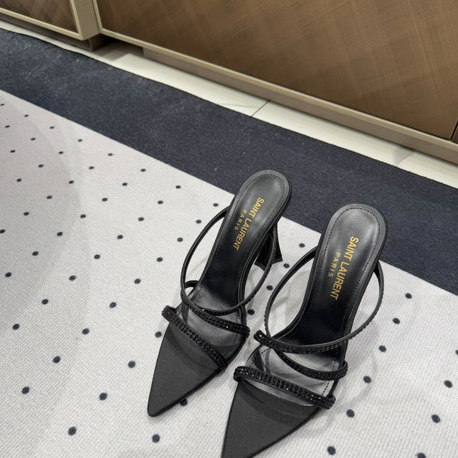 HIGH CRYSTAL STRAP SANDALS IN BLACK SILK