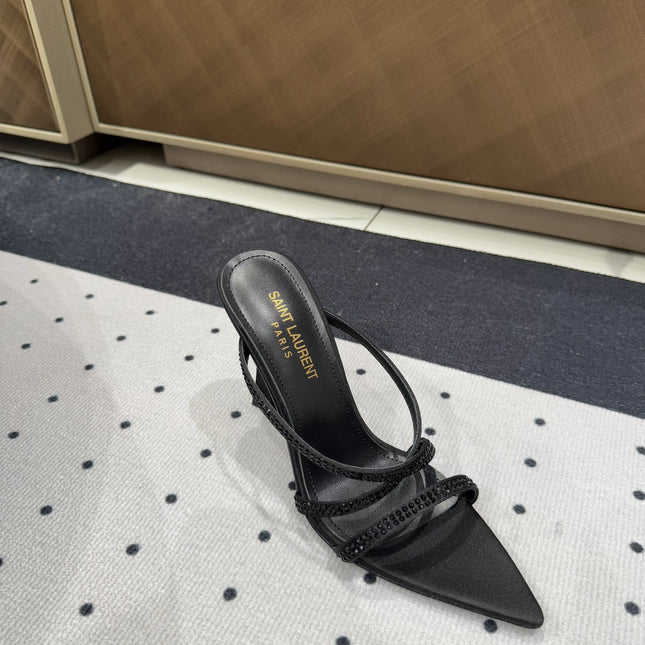 HIGH CRYSTAL STRAP SANDALS IN BLACK SILK