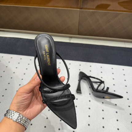 HIGH CRYSTAL STRAP SANDALS IN BLACK SILK