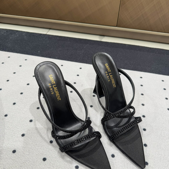 HIGH CRYSTAL STRAP SANDALS IN BLACK SILK