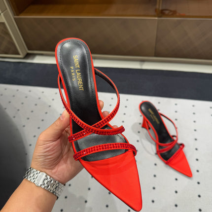 HIGH CRYSTAL STRAP SANDALS IN RED SILK