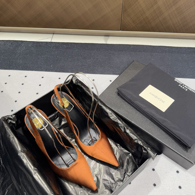 L'ENTRACTE SLINGBACK PUMPS IN BRONZE BROWN SATIN