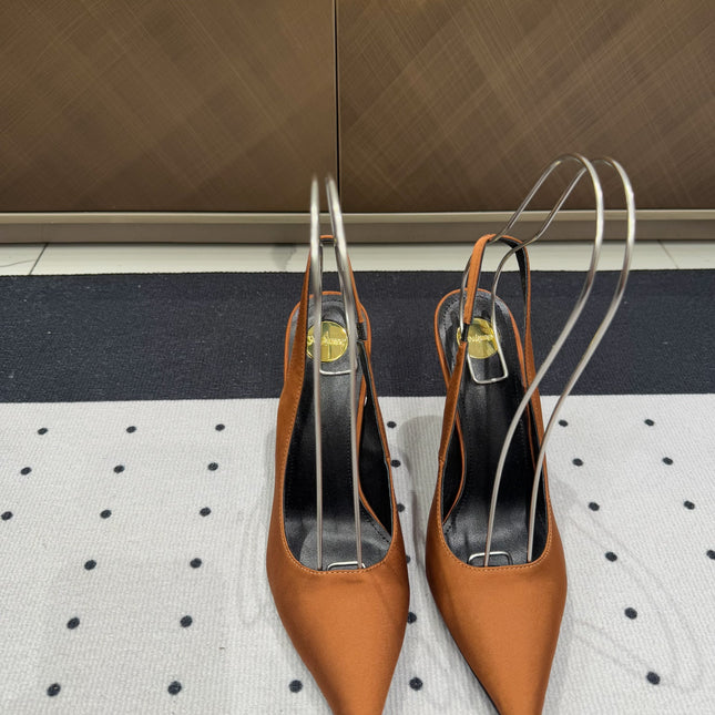 L'ENTRACTE SLINGBACK PUMPS IN BRONZE BROWN SATIN