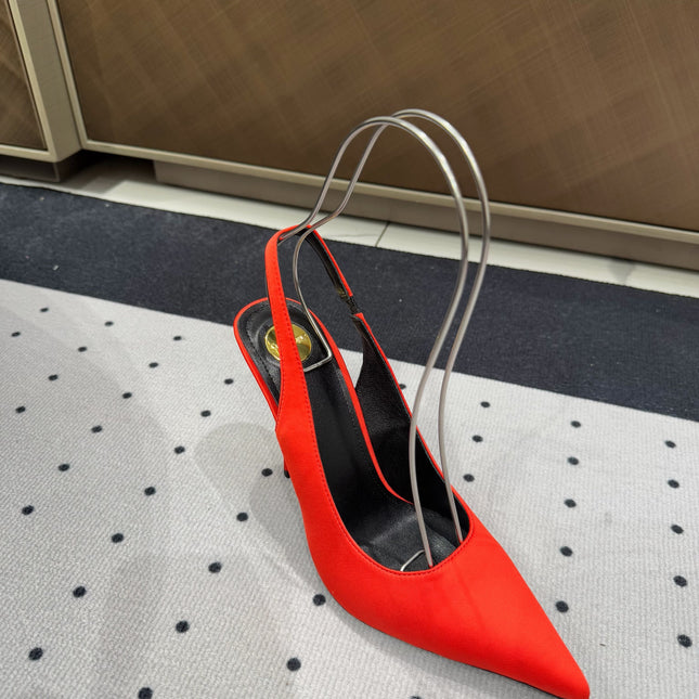 L'ENTRACTE SLINGBACK PUMPS IN RED SATIN