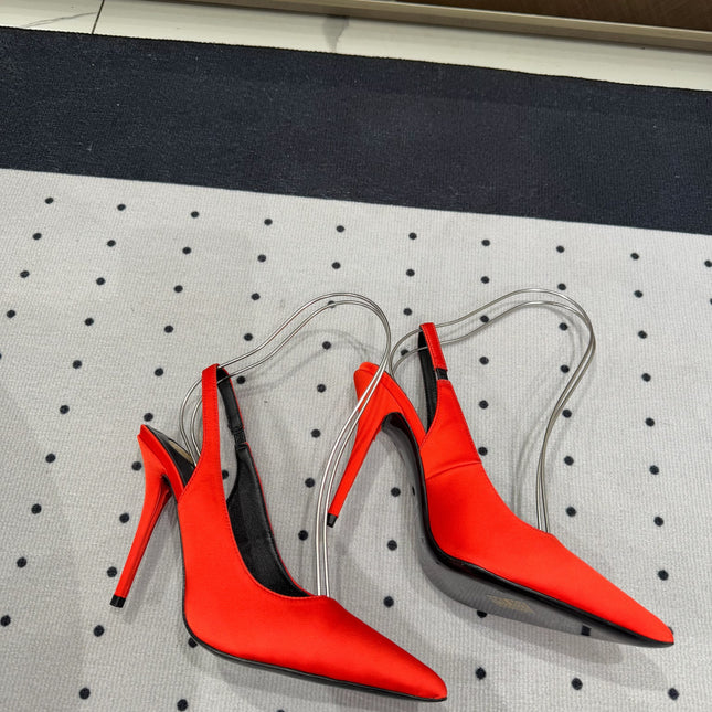 L'ENTRACTE SLINGBACK PUMPS IN RED SATIN