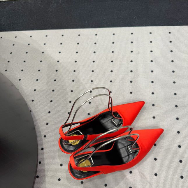 L'ENTRACTE SLINGBACK PUMPS IN RED SATIN